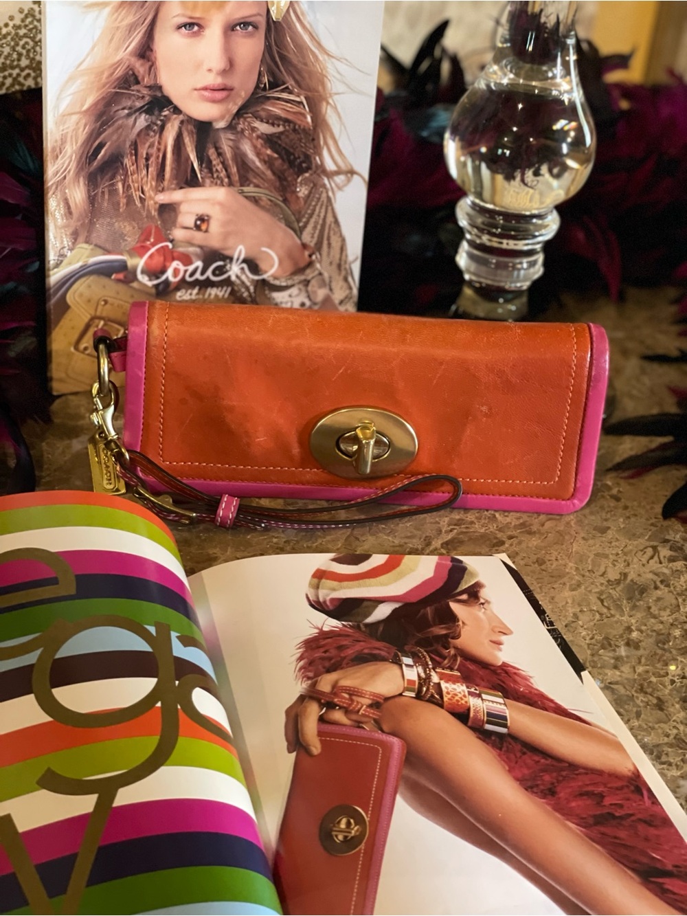 COACH Y2K 65th AnniversaryZoe Orange Pink Leather Clutch Wristlet Legacy Stripe